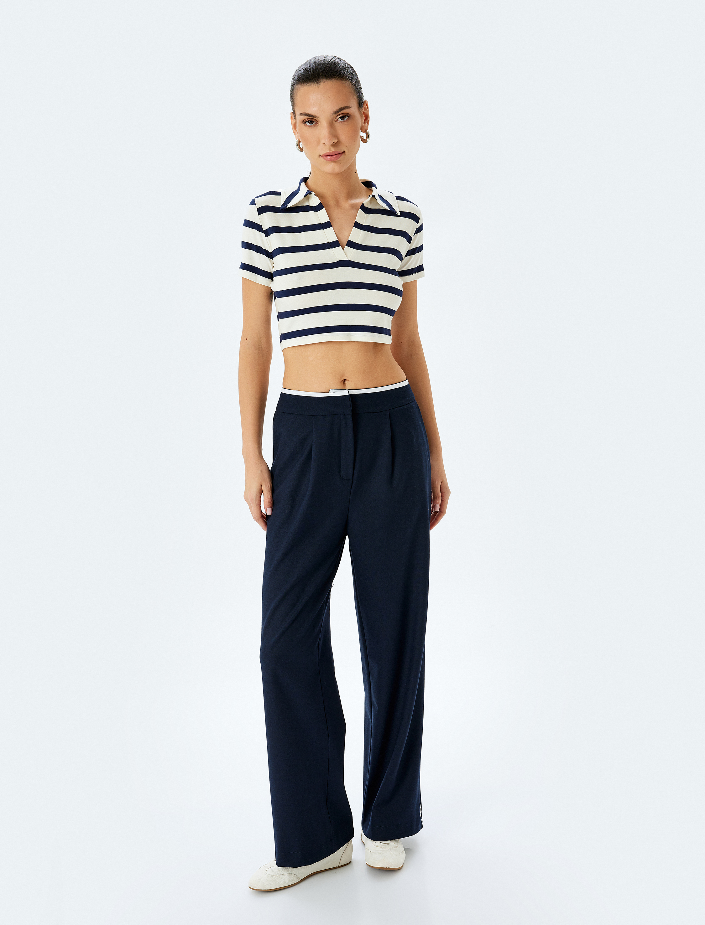 Viskon Kısa Kollu Çizgili Polo Yaka Crop Tişört