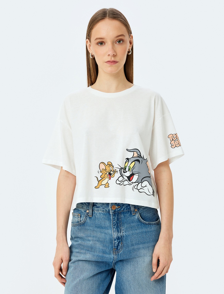   Tom ve Jerry Lisanslı Baskılı Oversize Crop Tişört