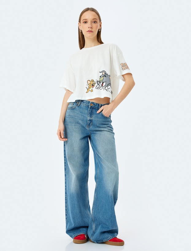 Tom ve Jerry Lisanslı Baskılı Oversize Crop Tişört_1