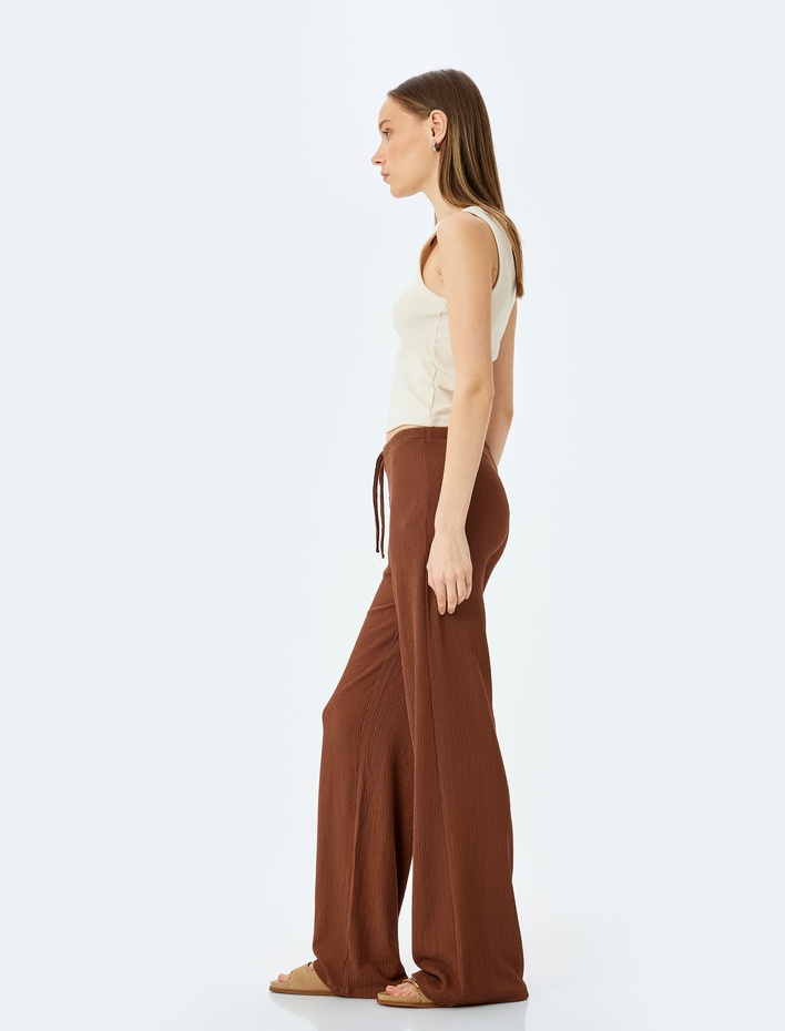  Beli Bağcıklı Yüksek Bel Bol Paça Bürümcük Rahat Kalıp Pantolon