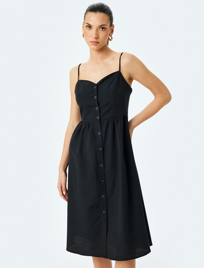  Arkası Gipe Detaylı Düğmeli İnce Askılı Midi Boy Elbise