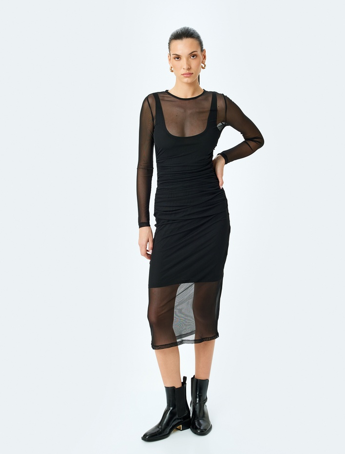  Astarlı Uzun Kollu Yuvarlak Yaka Midi Boy Transparan Tül Kalem Elbise