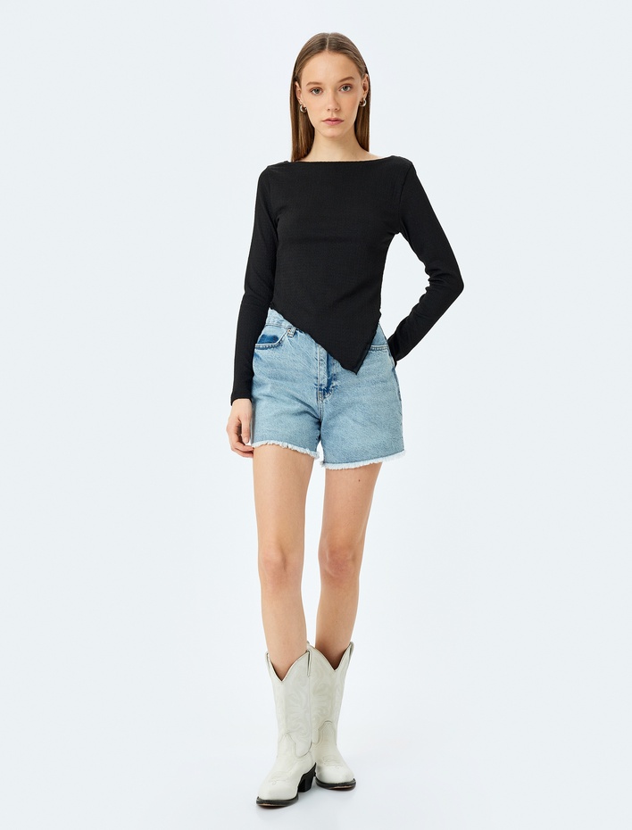  Kayık Yaka Asimetrik Slim Fit Uzun Kollu Bluz Bürümcük