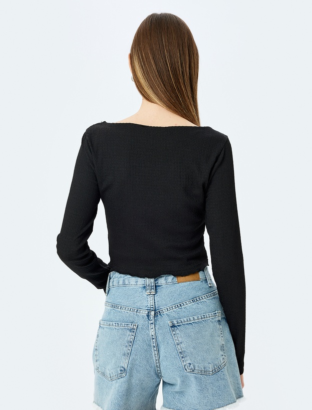 Kayık Yaka Asimetrik Slim Fit Uzun Kollu Bluz_3