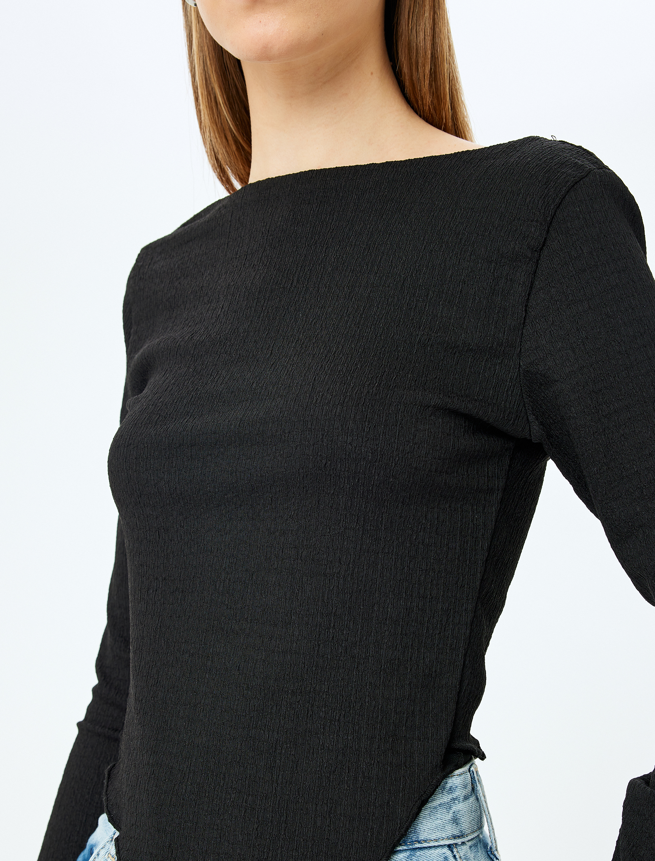   Kayık Yaka Asimetrik Slim Fit Uzun Kollu Bluz Bürümcük