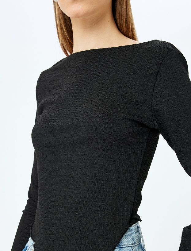 Kayık Yaka Asimetrik Slim Fit Uzun Kollu Bluz_4