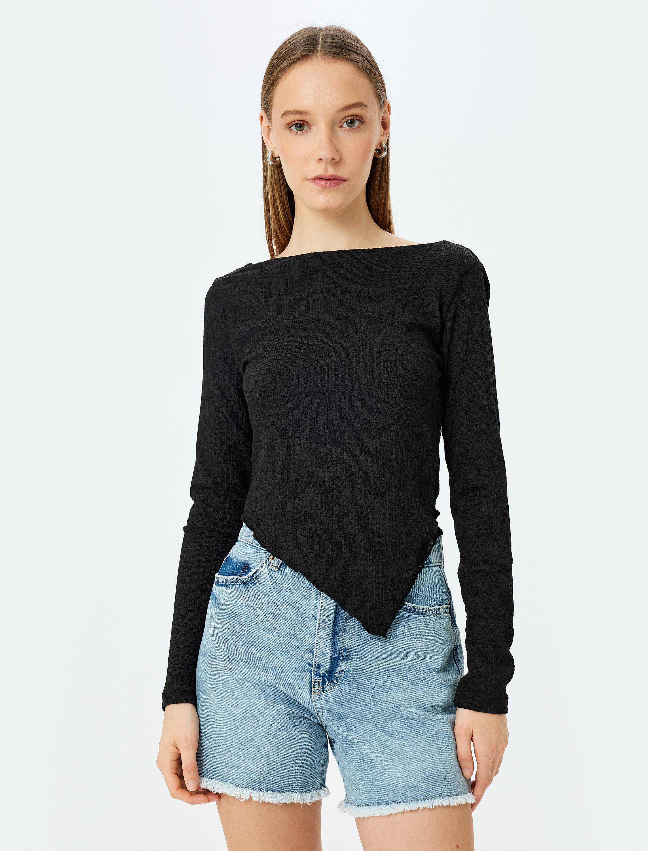   Kayık Yaka Asimetrik Slim Fit Uzun Kollu Bluz Bürümcük