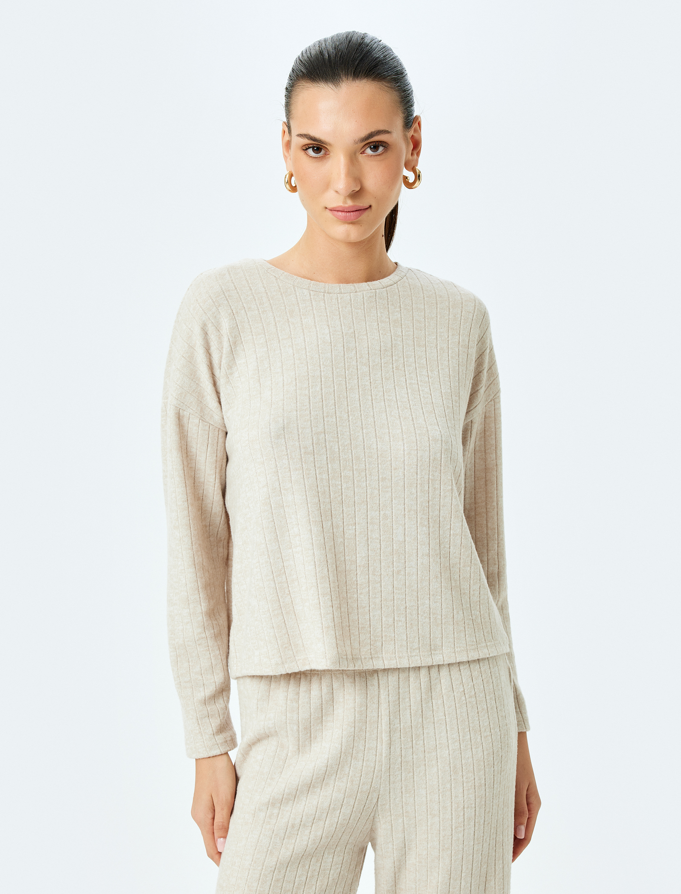 Rahat Kalıp Yumuşak Dokulu Bisiklet Yaka Uzun Kollu Pijama Üstü