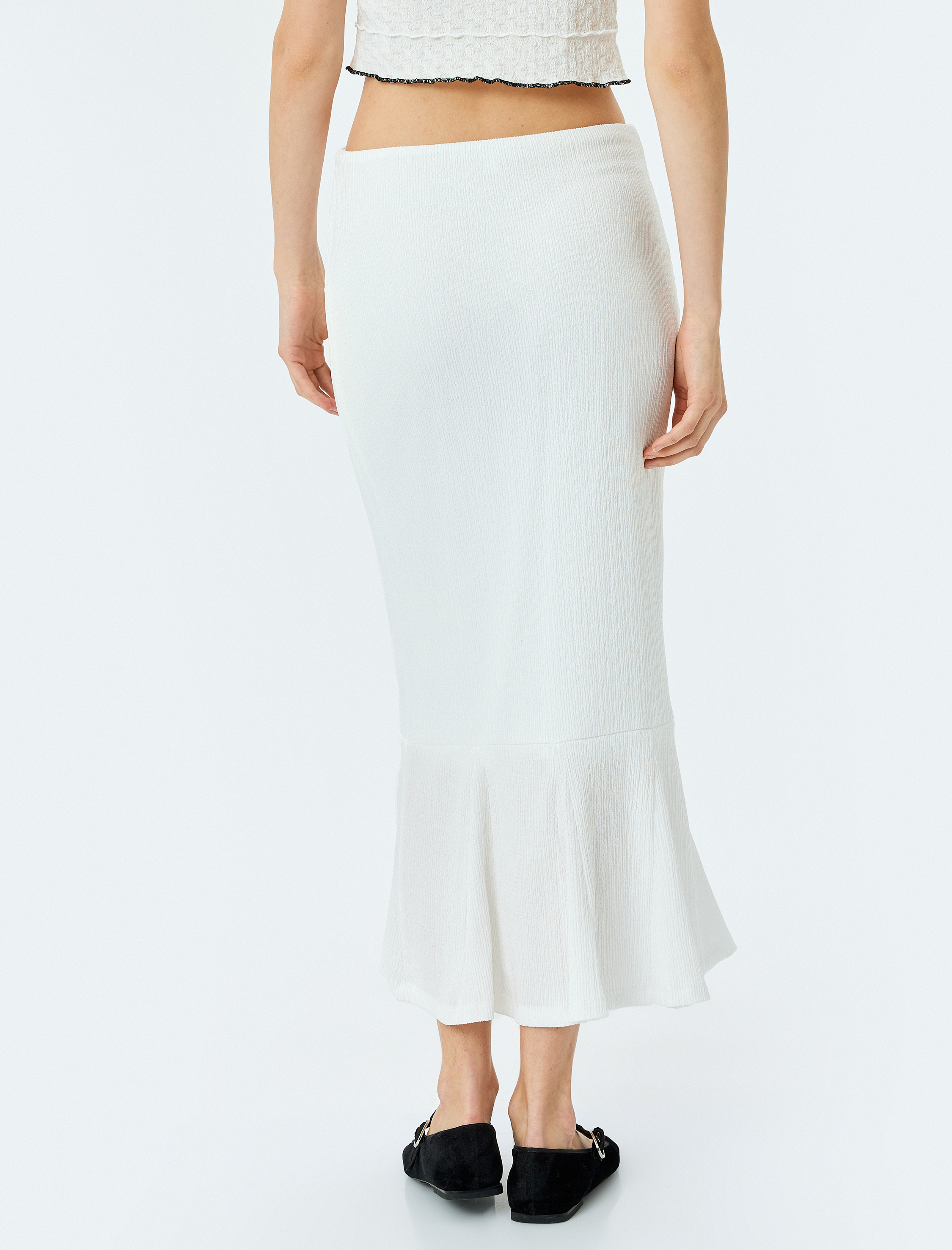   Yüksek Bel Volanlı Beli Lastikli Midi Boy Etek Bürümcük