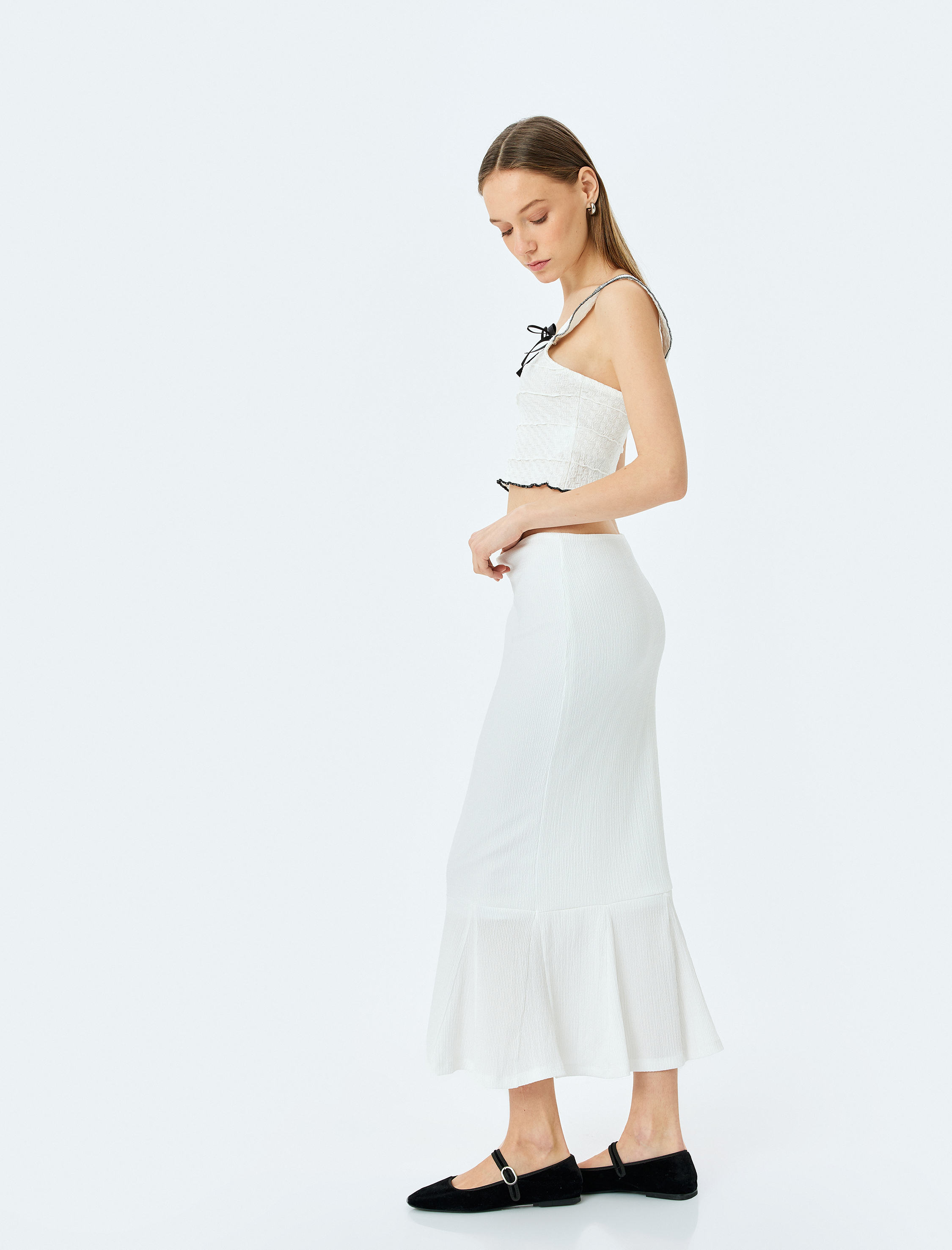   Yüksek Bel Volanlı Beli Lastikli Midi Boy Etek Bürümcük