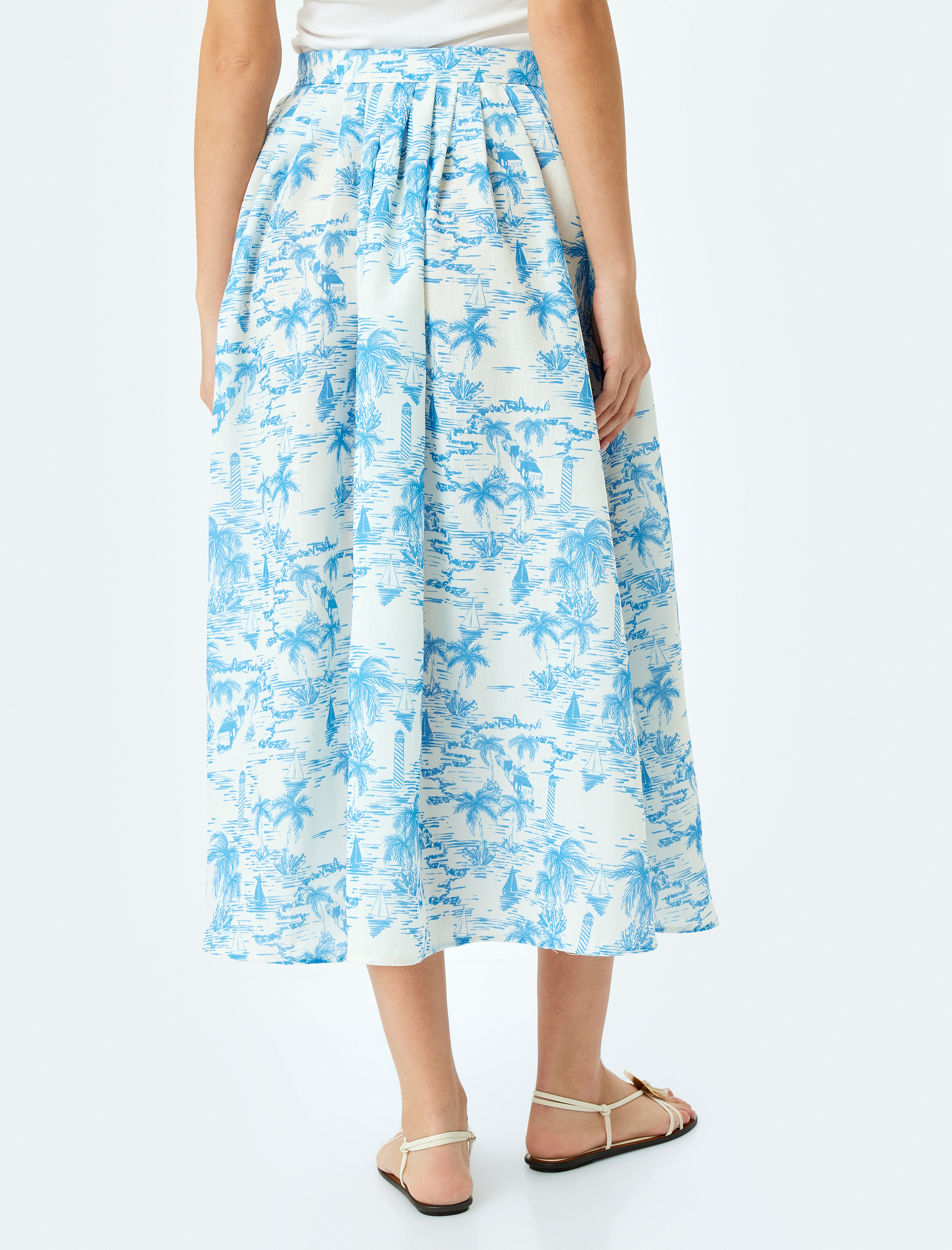   Yüksek Bel Cepli Kloş Midi Boy Çiçekli Etek