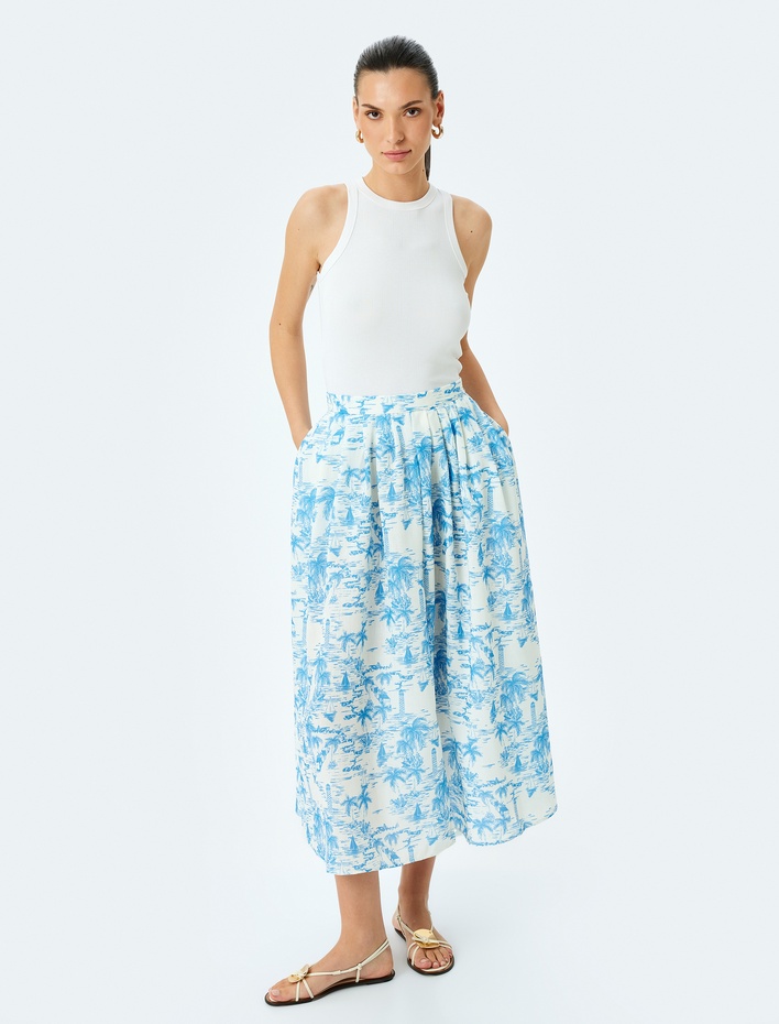  Yüksek Bel Cepli Kloş Midi Boy Çiçekli Etek