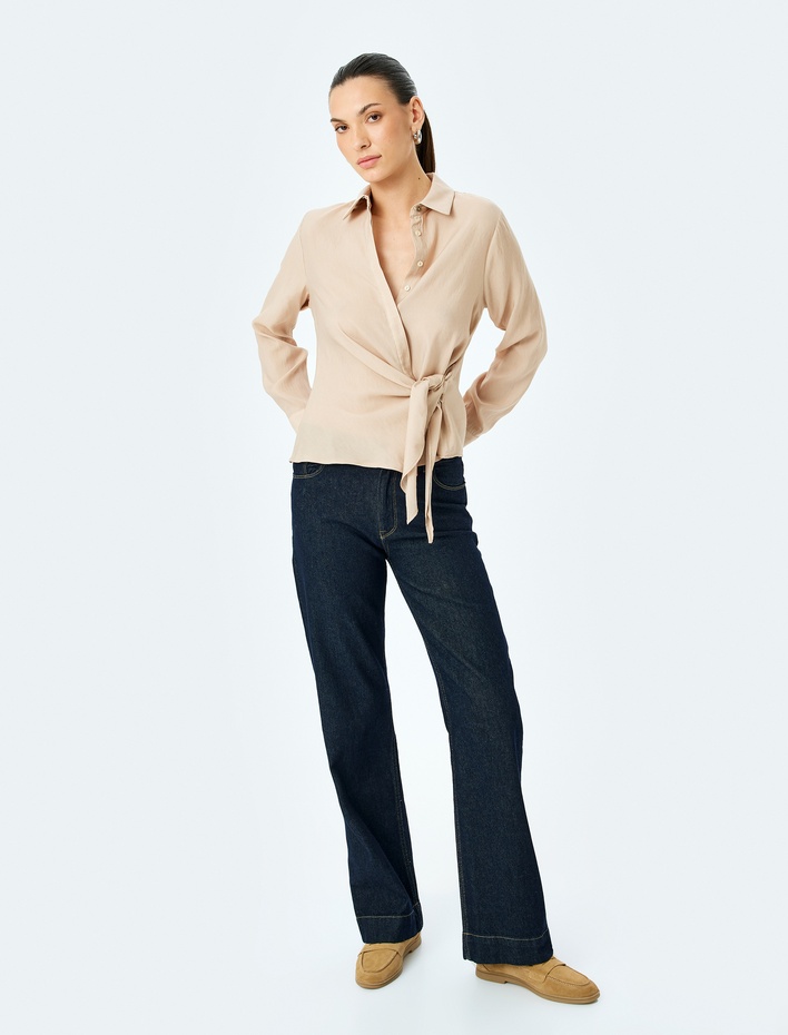  Bağlama Detaylı Kruvaze Uzun Kollu Gömlek