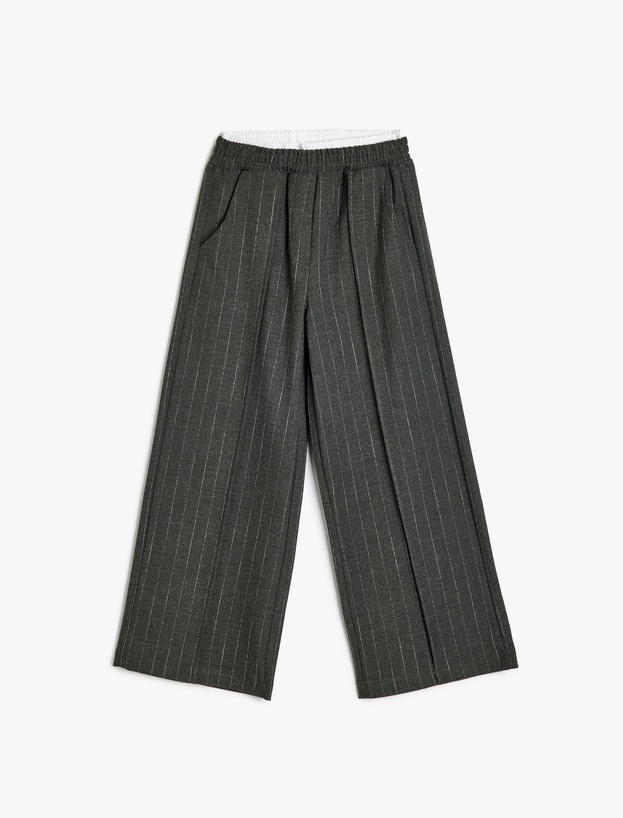 Beli Lastikli Çizgili Bol Paça Pantolon_0