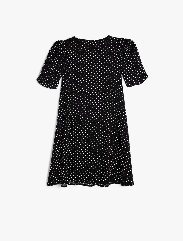 Kız Çocuk Puantiyeli Elbise Balon Kollu Düğme Kapamalı Viskon Kumaş