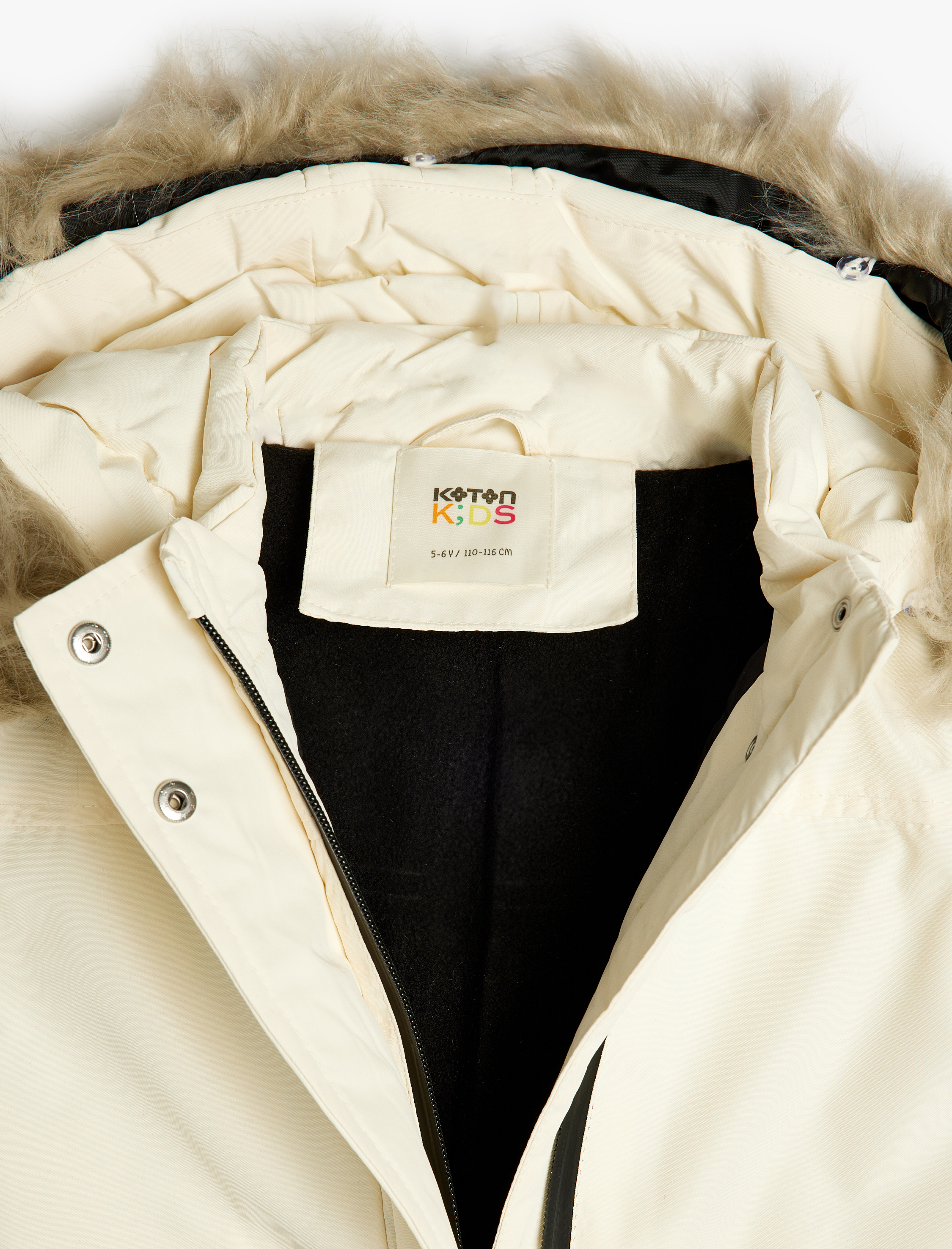  Kız Çocuk Suni Kürklü Cep Detaylı Uzun Kollu Kapitone Şişme Mont