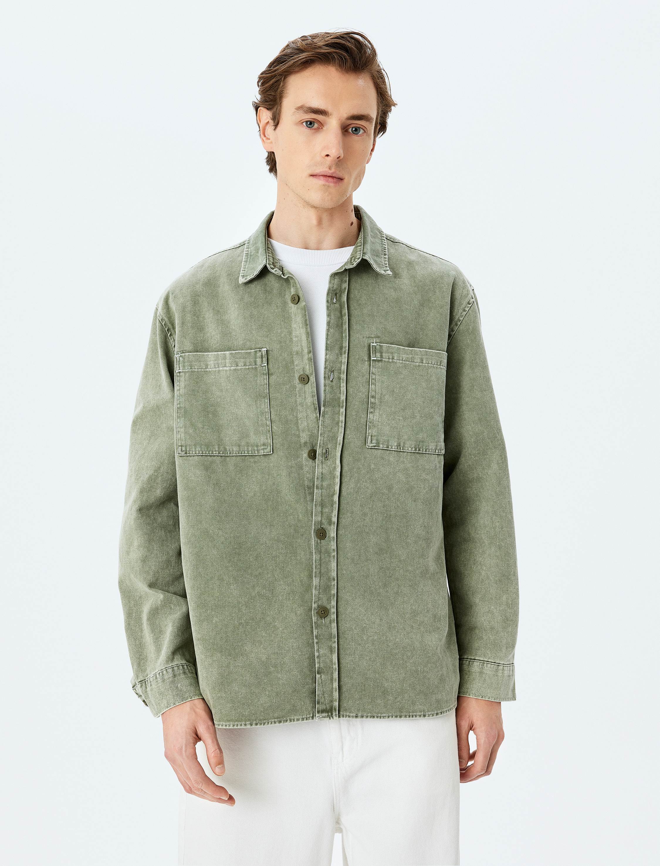 Düğmeli Pamuklu Uzun Kollu Gömlek Ceket