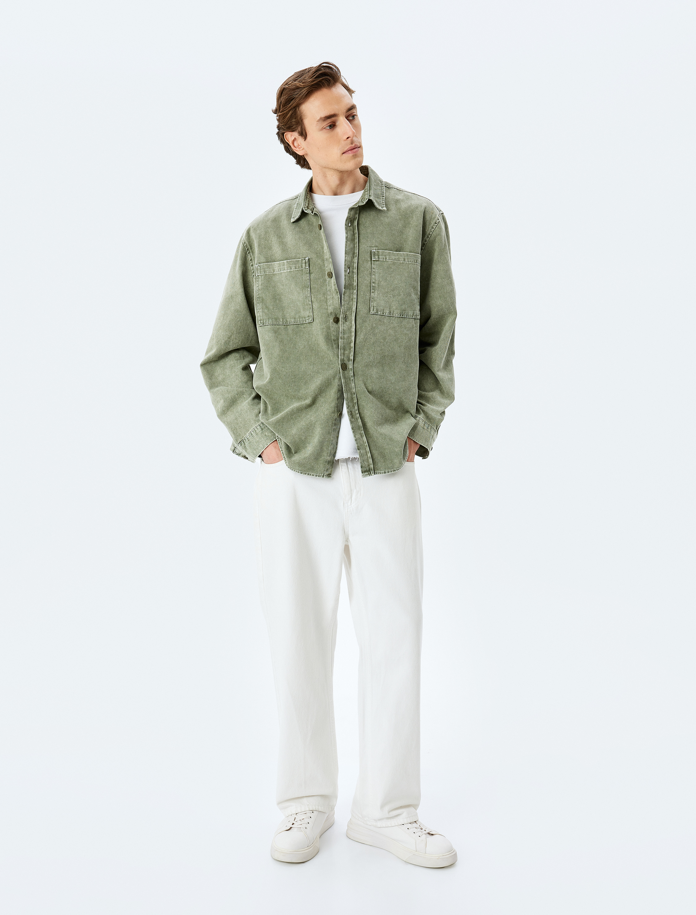 Düğmeli Pamuklu Uzun Kollu Gömlek Ceket