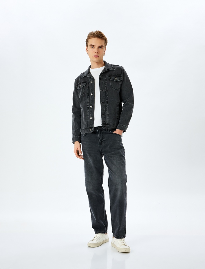  Kapaklı Cep Detaylı Düğmeli Pamuklu Klasik Jean Ceket