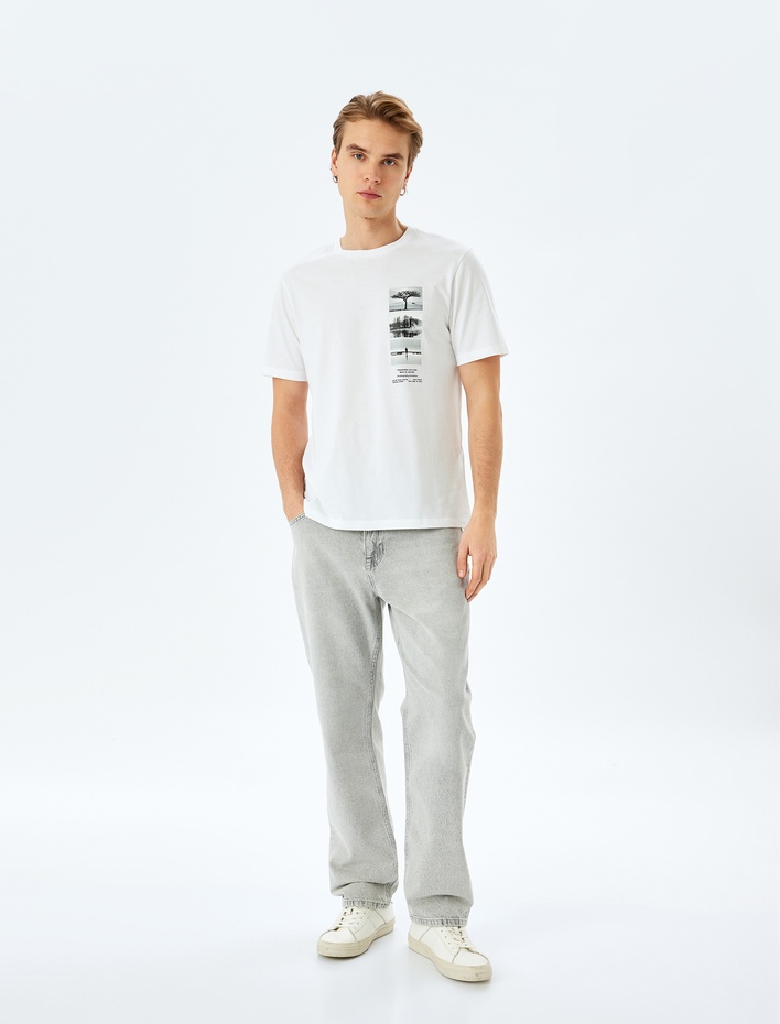  Regular Fit Pamuklu Baskılı Kısa Kollu Bisiklet Yaka Tişört