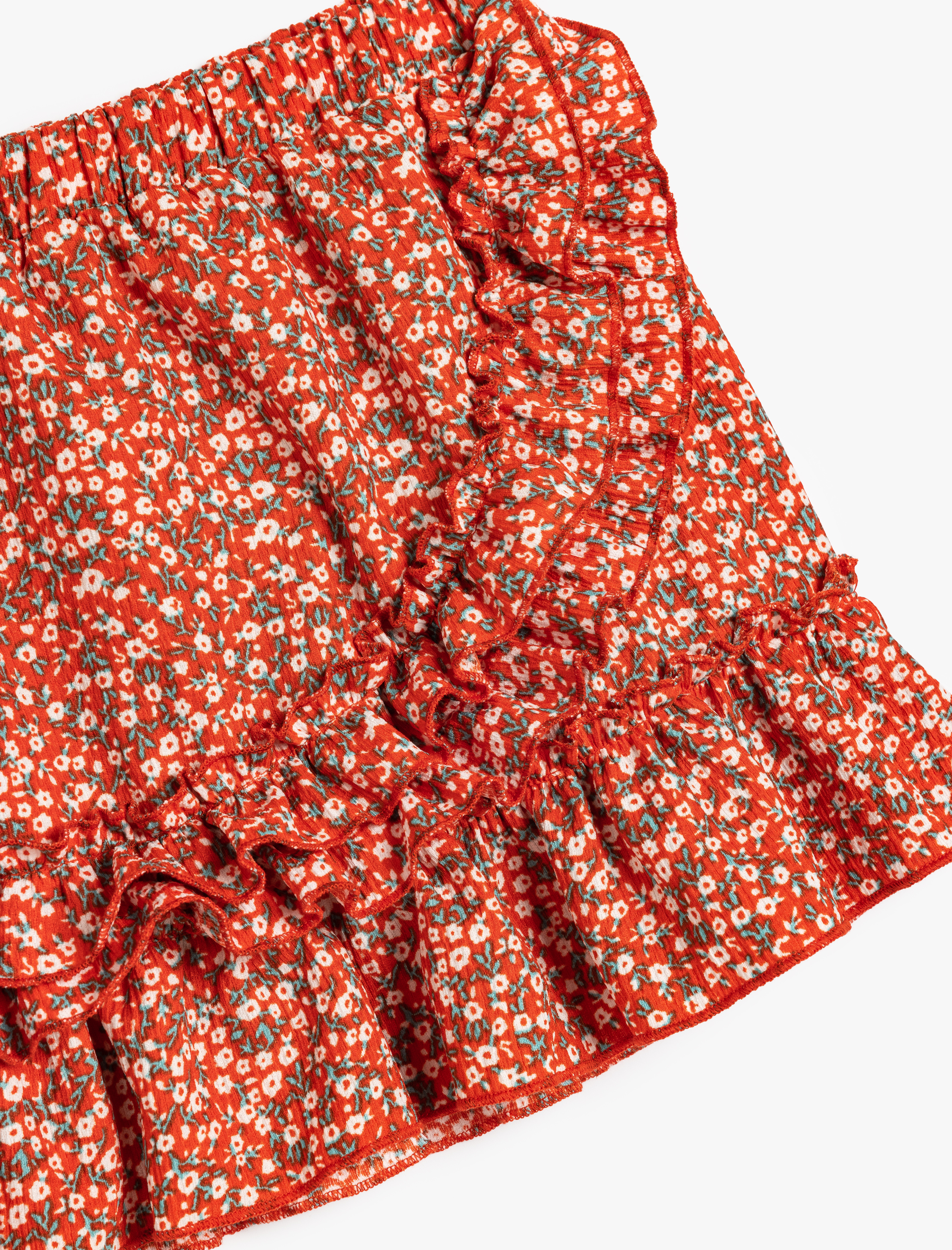 Kız Çocuk Fırfır Detaylı Beli Lastikli Kruvaze Mini Etek