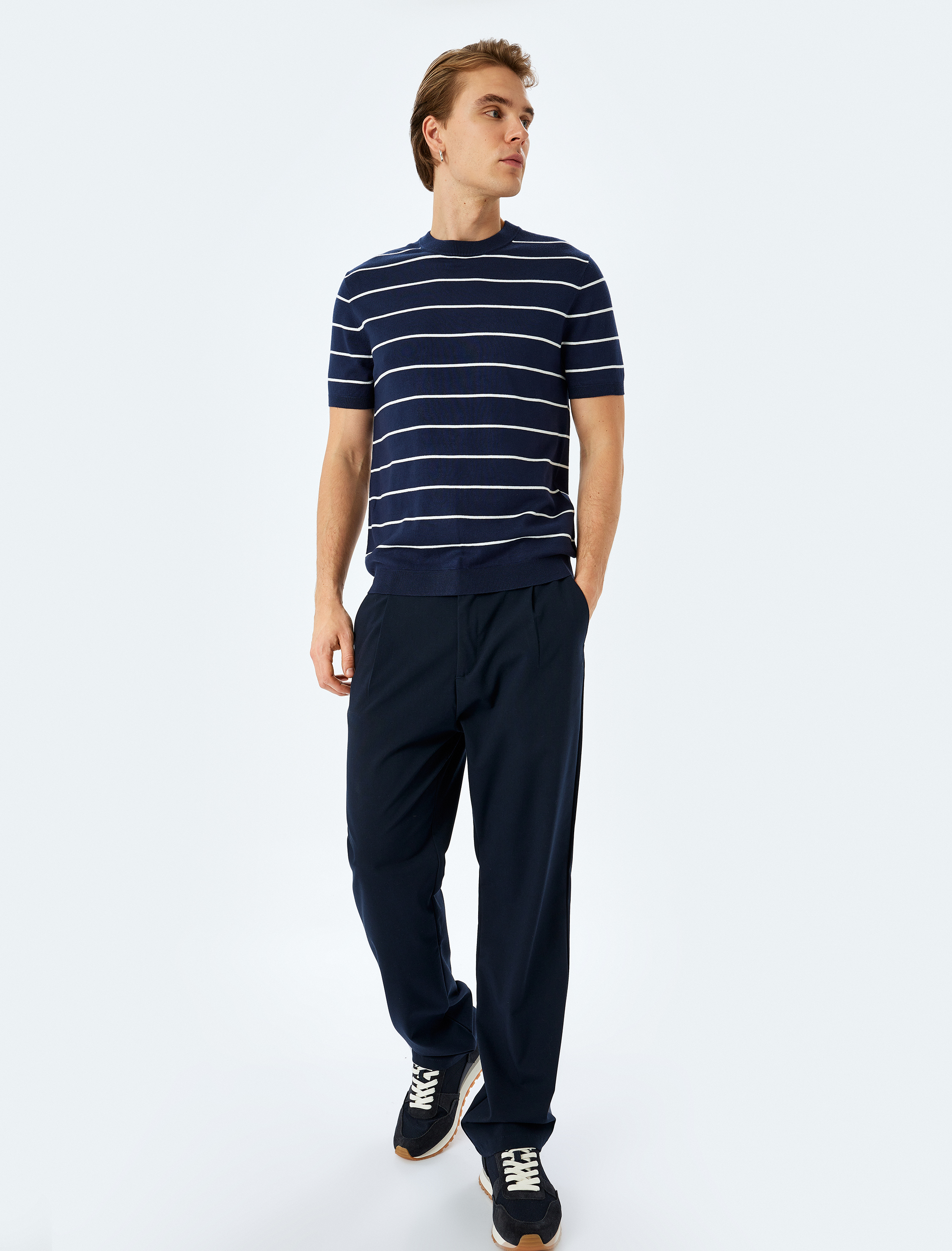   Çizgili Bisiklet Yaka Viskon Kısa Kollu Triko Tişört