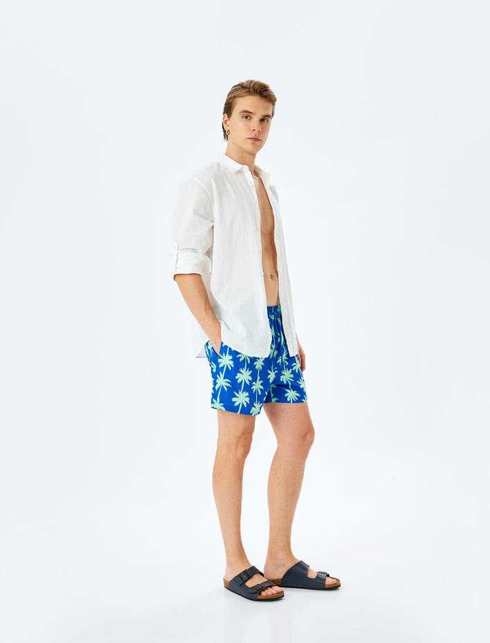  Palmiye Baskılı Oversize Beli Bağcıklı Deniz Şortu