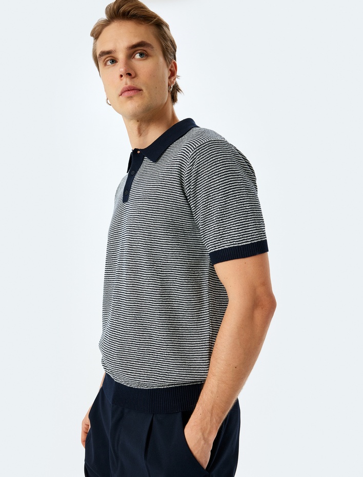  Polo Yaka Pamuklu Çizgili Kısa Kollu Triko Tişört