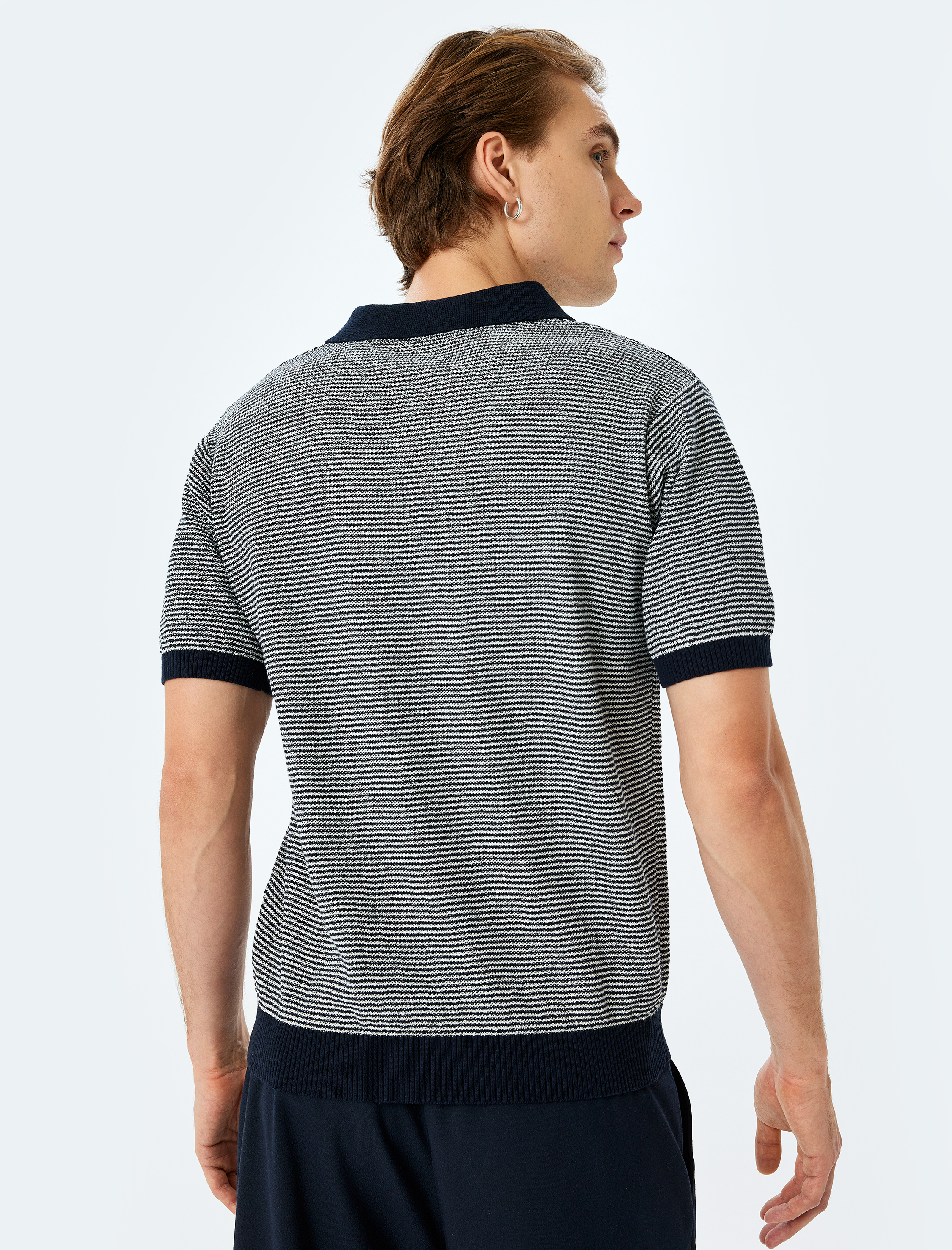 Polo Yaka Pamuklu Çizgili Kısa Kollu Triko Tişört