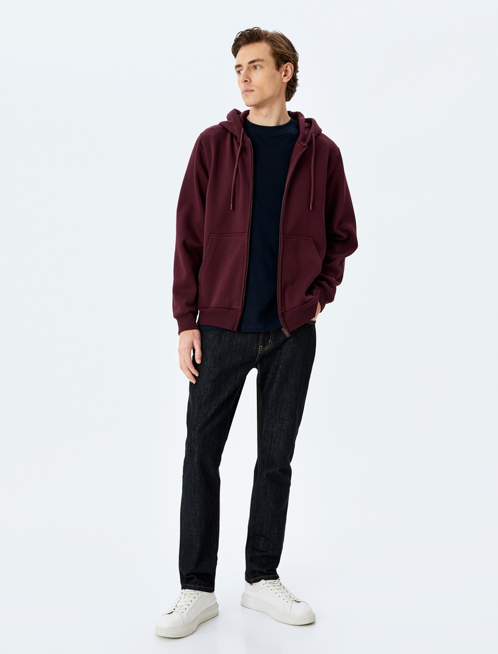  Cep Detaylı Şardonlu Fermuarlı Pamuklu Basic Kapşonlu Sweatshirt