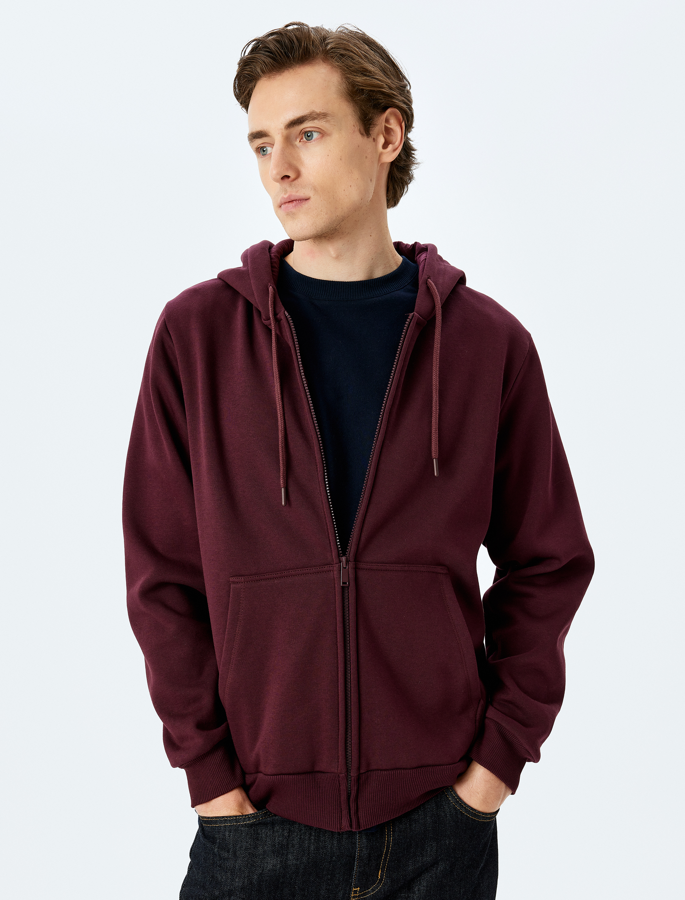 Cep Detaylı Şardonlu Fermuarlı Pamuklu Basic Kapşonlu Sweatshirt