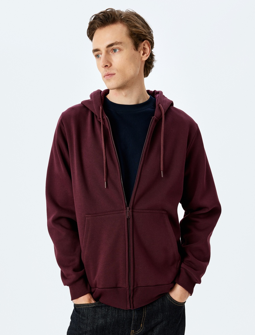   Cep Detaylı Şardonlu Fermuarlı Pamuklu Basic Kapşonlu Sweatshirt