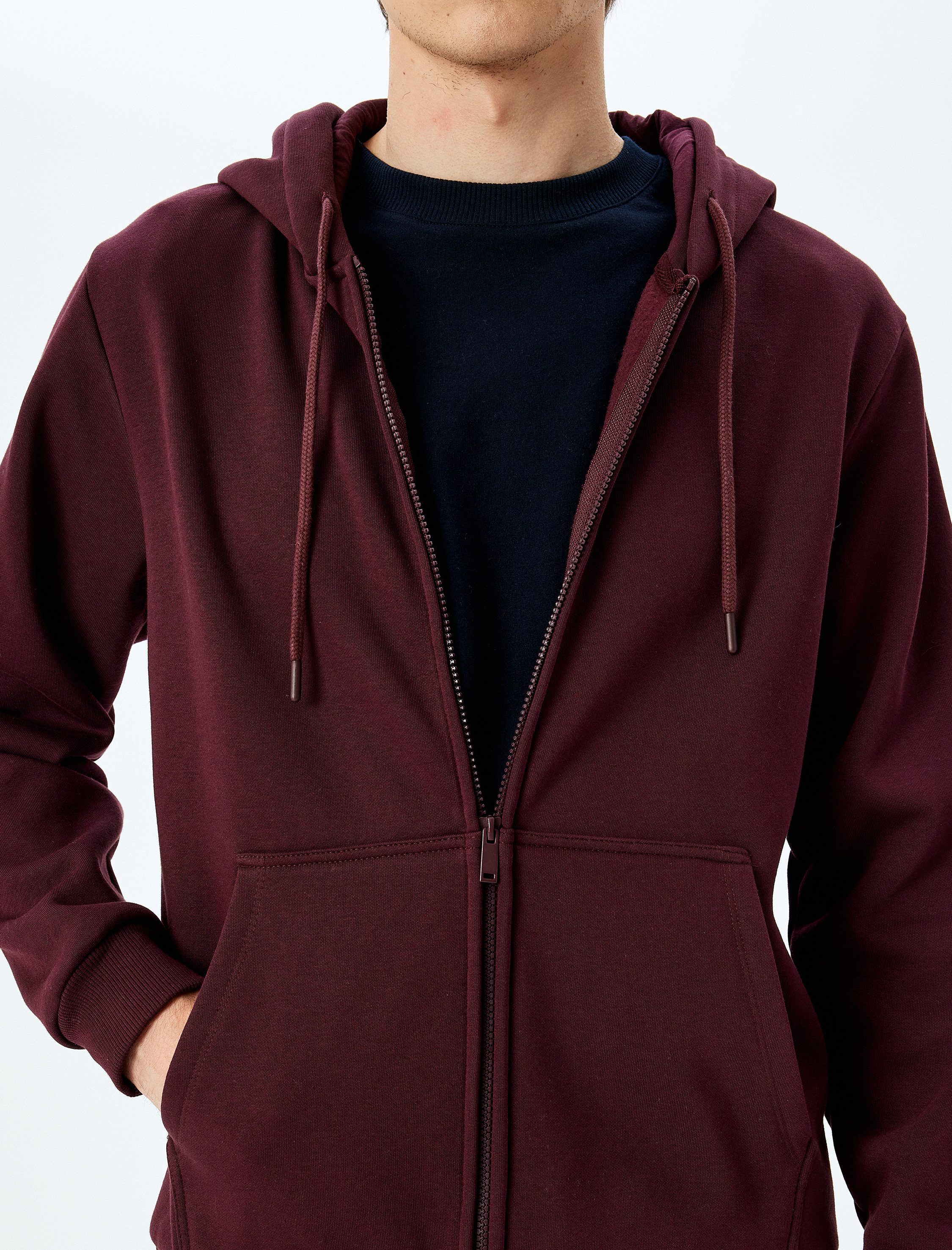 Cep Detaylı Şardonlu Fermuarlı Pamuklu Basic Kapşonlu Sweatshirt