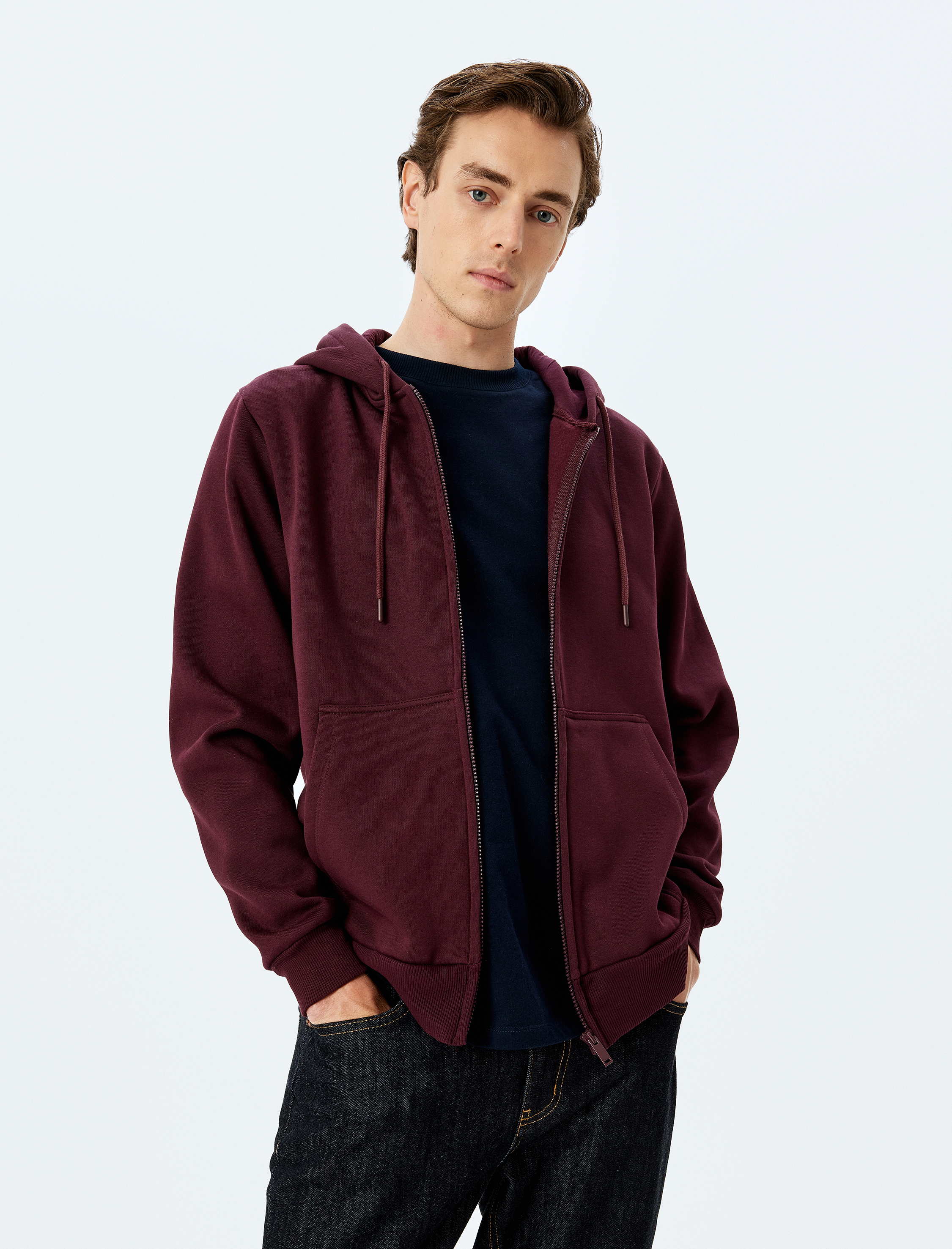 Cep Detaylı Şardonlu Fermuarlı Pamuklu Basic Kapşonlu Sweatshirt