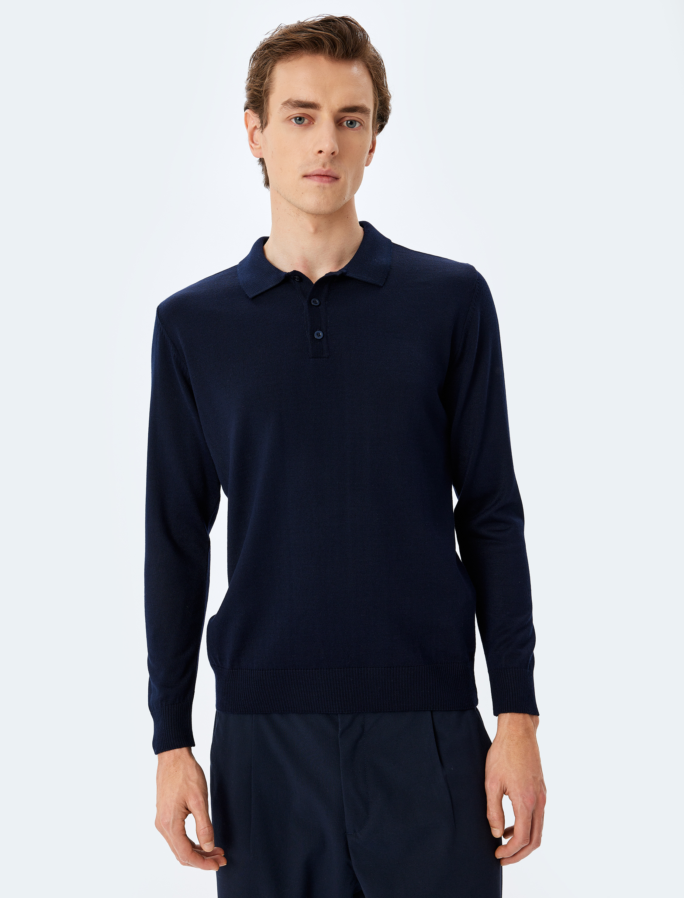   Polo Yaka Düğmeli Basic Uzun Kollu Triko Kazak