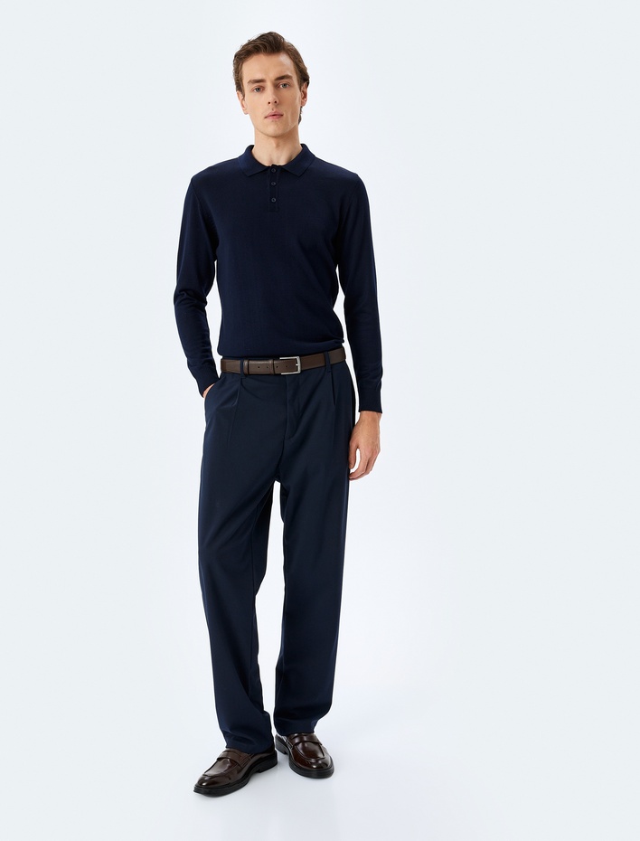  Polo Yaka Düğmeli Basic Uzun Kollu Triko Kazak