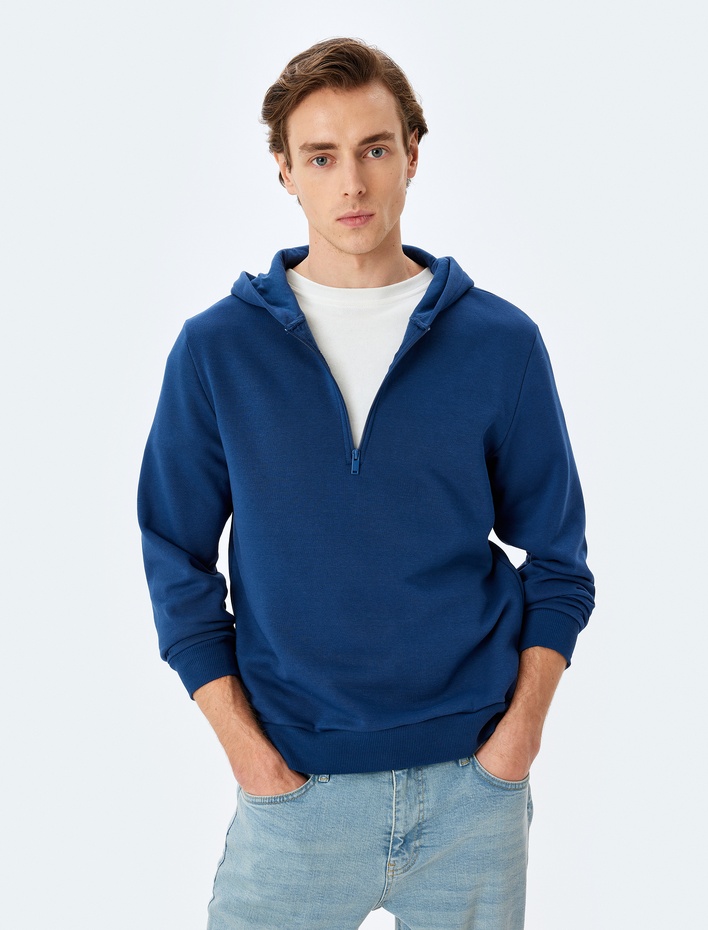  Kapşonlu Pamuk Karışımlı Şardonlu Basic Yarım Fermuarlı Sweatshirt