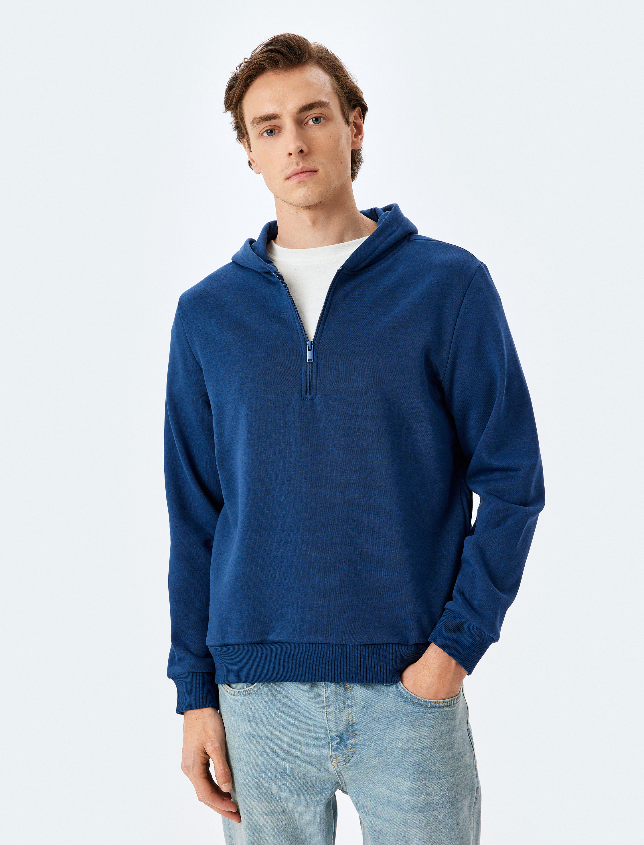   Kapşonlu Pamuk Karışımlı Şardonlu Basic Yarım Fermuarlı Sweatshirt