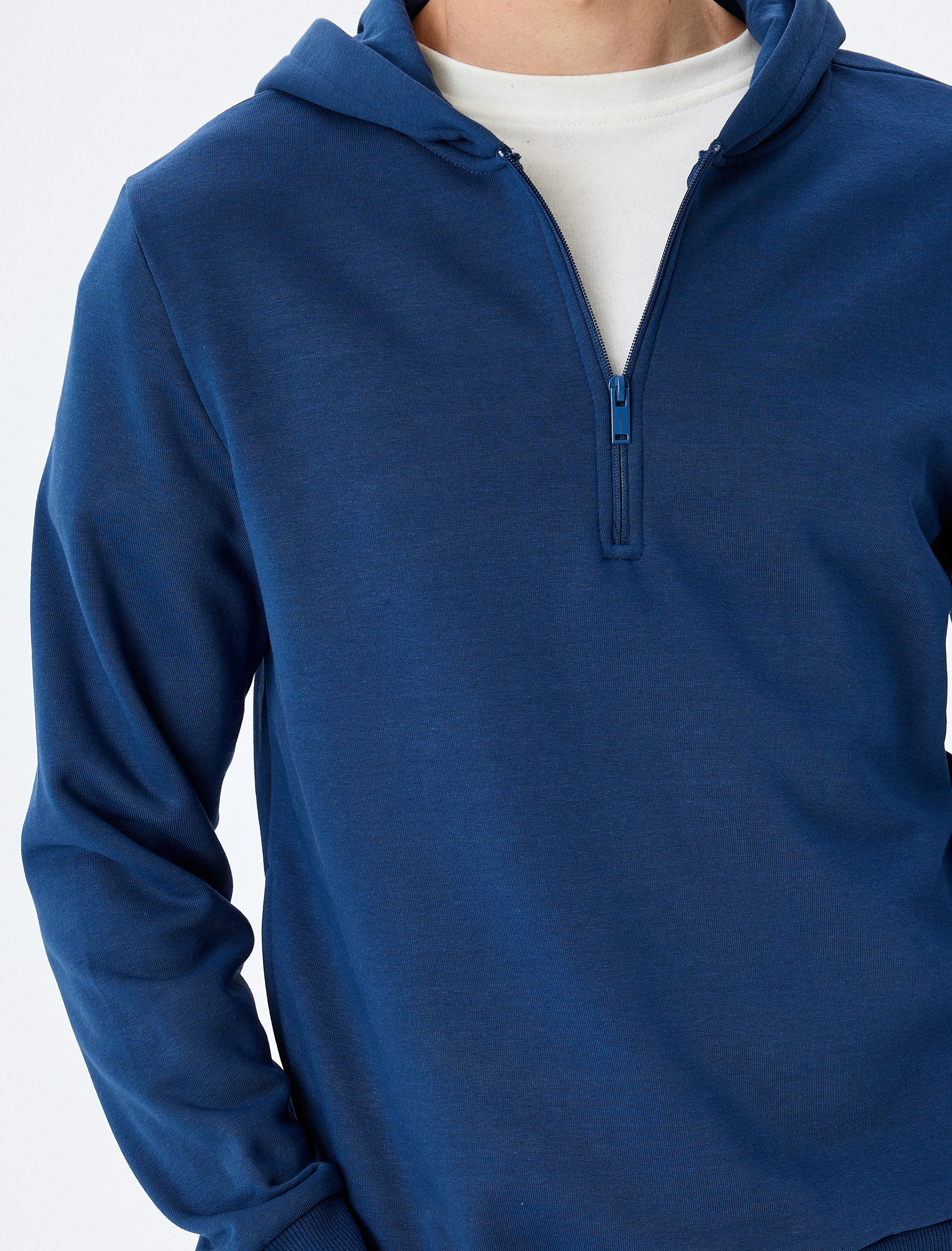   Kapşonlu Pamuk Karışımlı Şardonlu Basic Yarım Fermuarlı Sweatshirt