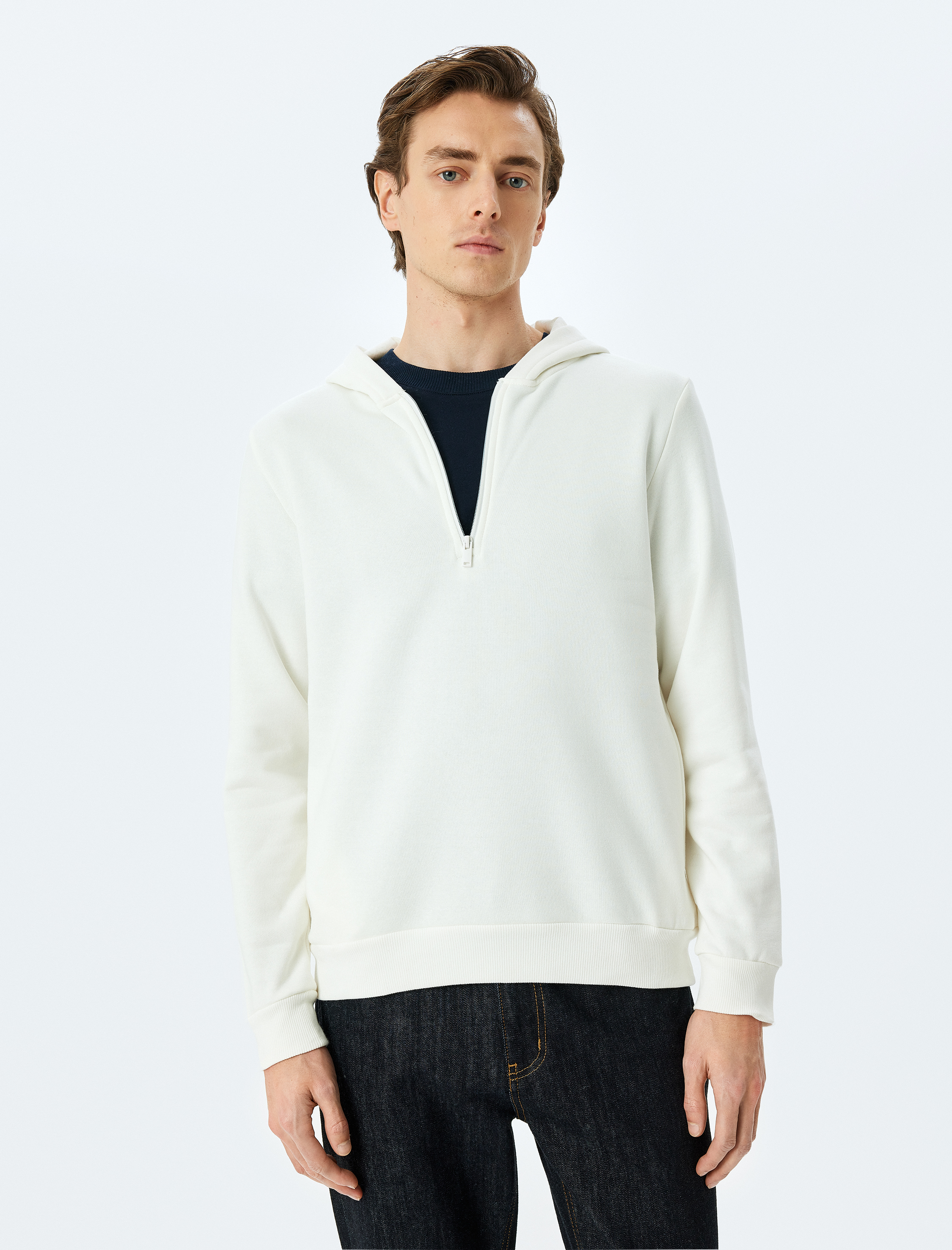   Kapşonlu Pamuk Karışımlı Şardonlu Basic Yarım Fermuarlı Sweatshirt