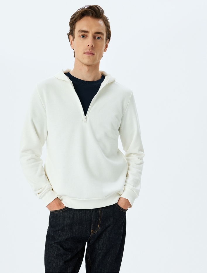  Kapşonlu Pamuk Karışımlı Şardonlu Basic Yarım Fermuarlı Sweatshirt