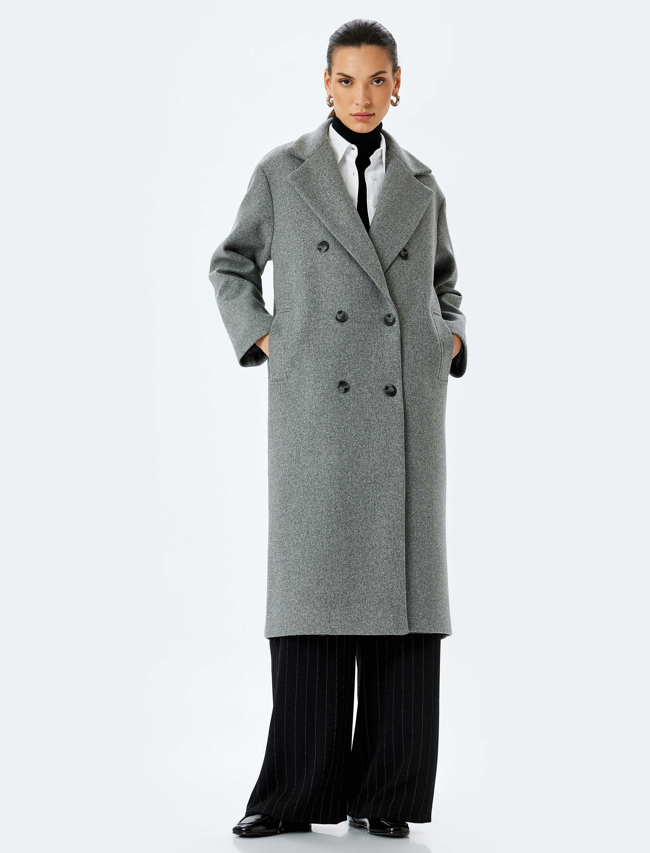 Cepli Uzun Kruvaze Oversize Kaşe Kaban