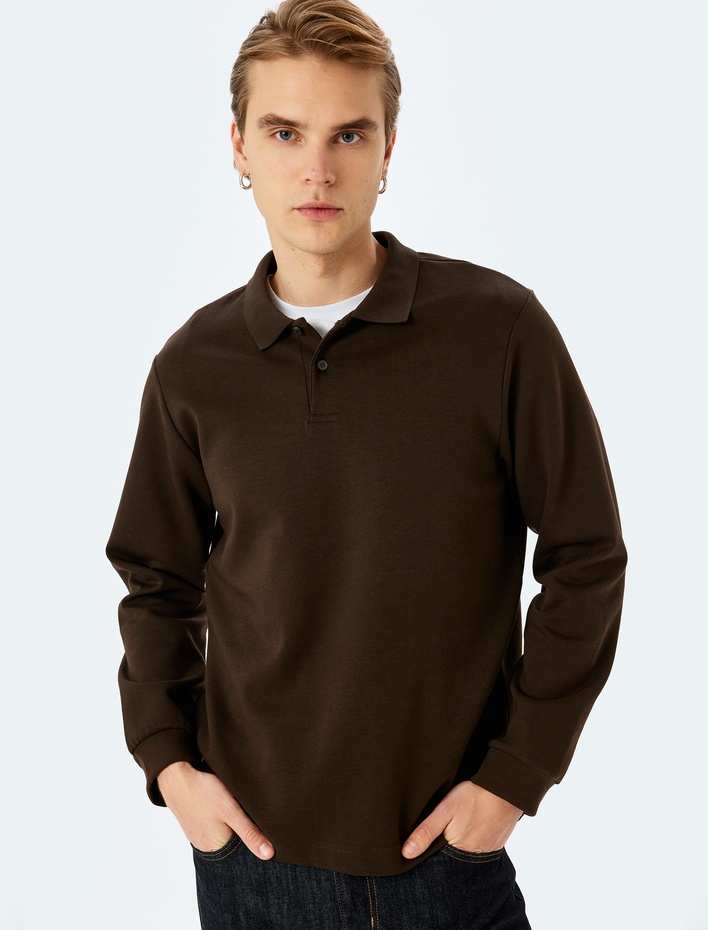  Polo Yaka Sweatshirt Basic Düğmeli Pamuklu İnterlok Kumaş