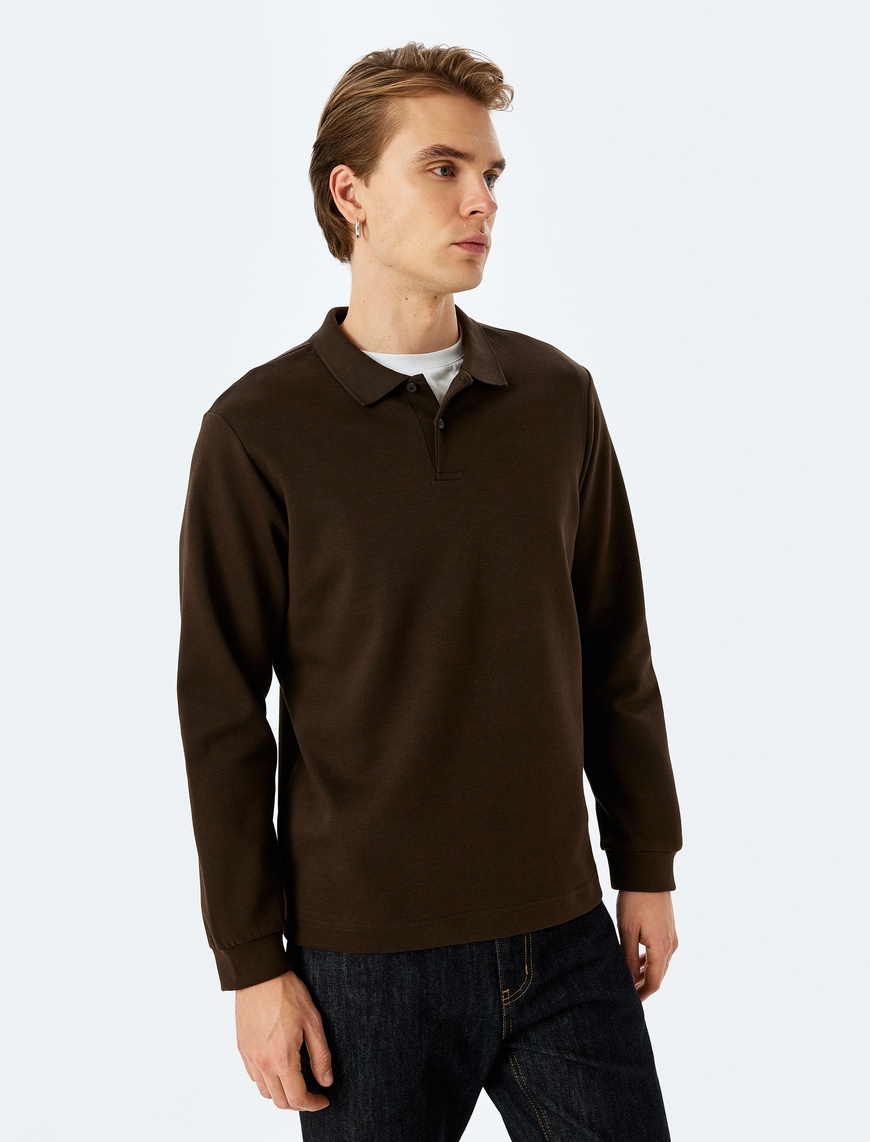   Polo Yaka Sweatshirt Basic Düğmeli Pamuklu İnterlok Kumaş