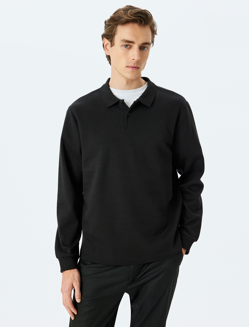   Polo Yaka Sweatshirt Basic Düğmeli Pamuklu İnterlok Kumaş