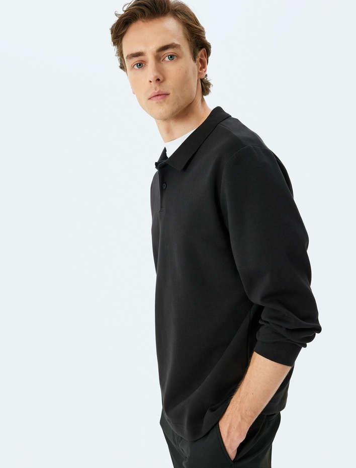  Polo Yaka Sweatshirt Basic Düğmeli Pamuklu İnterlok Kumaş