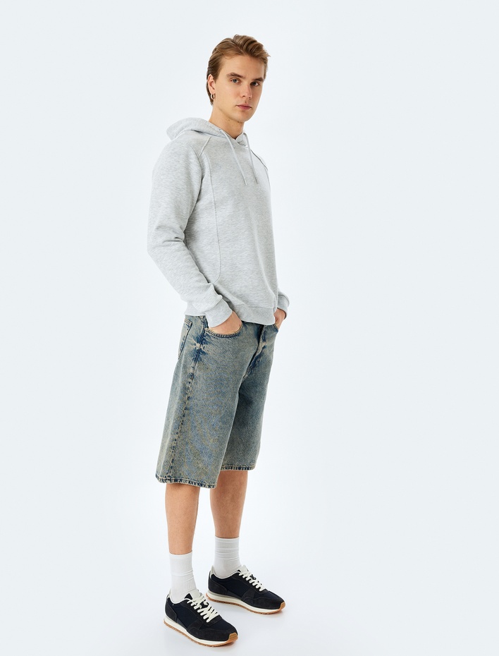  Reglan Kollu Pamuk Karışımlı Şardonlu Dikiş Detaylı Basic Kapşonlu Sweatshirt