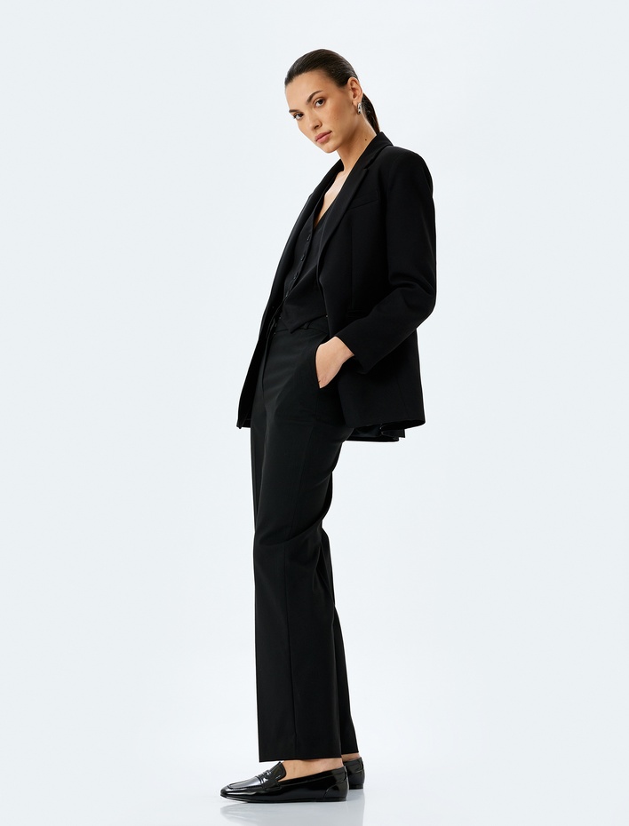  Düz Paça Yüksek Bel Cepli Kumaş Pantolon