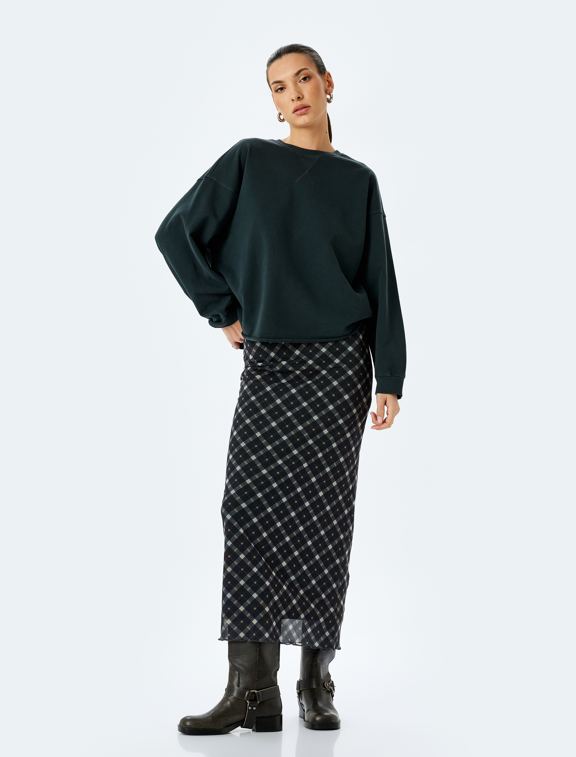   Pamuklu Bisiklet Yaka Uzun Kollu Oversize Sweatshirt