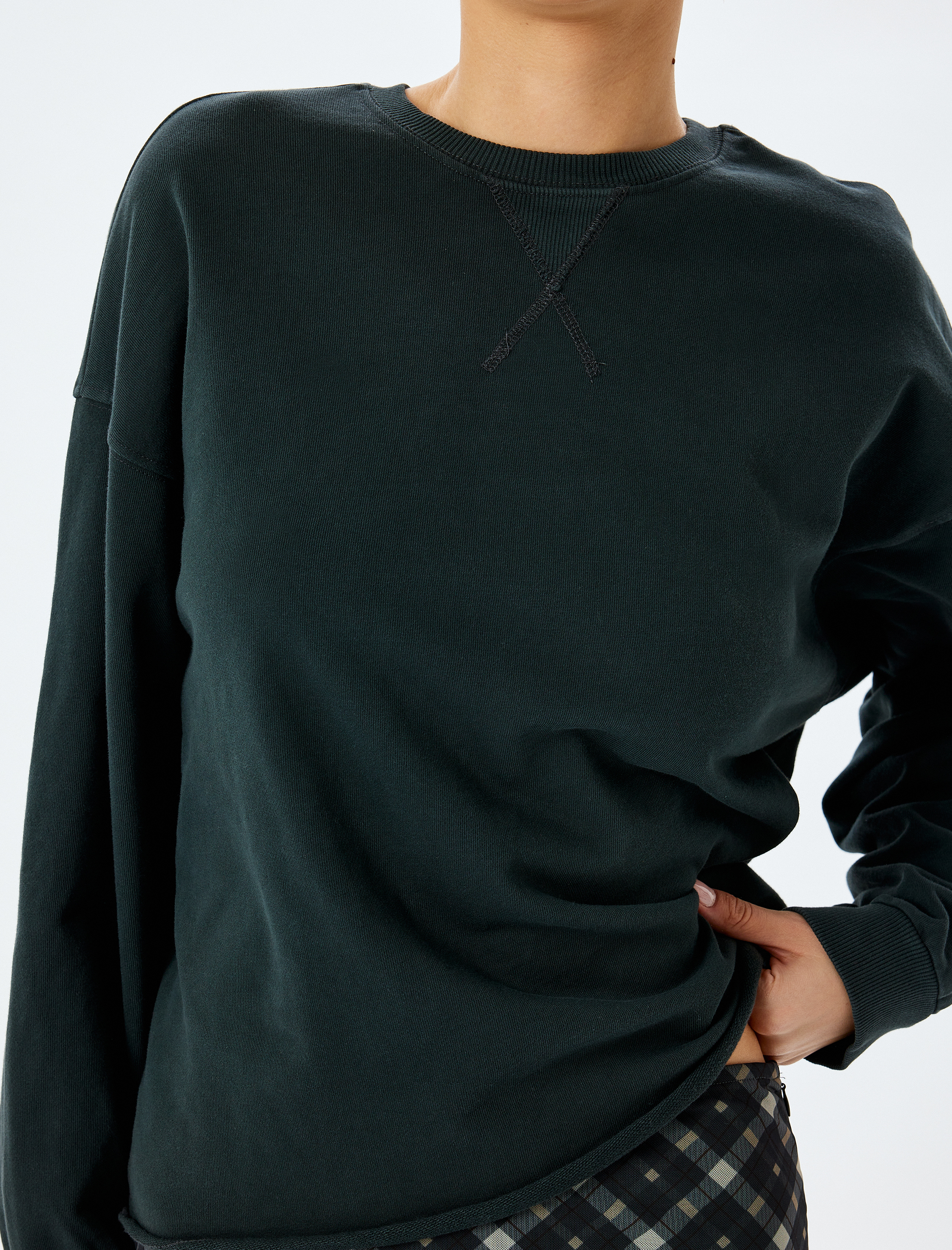   Pamuklu Bisiklet Yaka Uzun Kollu Oversize Sweatshirt